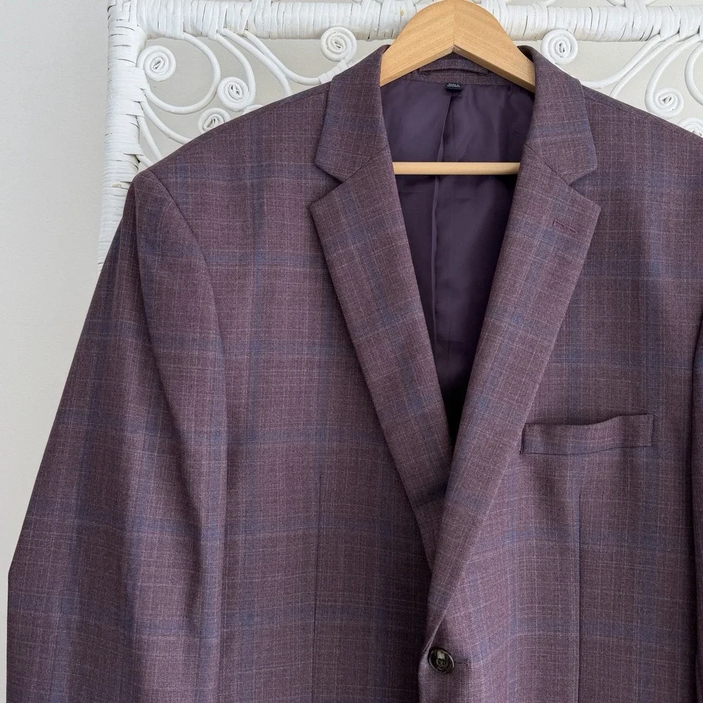 Jos A Bank Blazer Mens 46R Purple Plaid Wool Blend Sport Coat Dinner Jacket